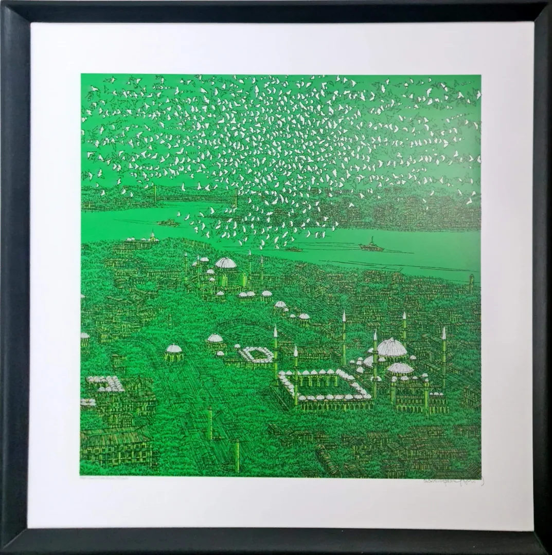 "İstanbul'da Kuşlar (B)" eseri DEVRİM ERBİL tarafından 70x70 cm ölçülerinde Serigrafi tekniği ile yapılmıştır.