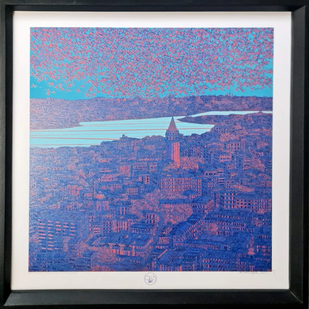 "İstanbul Galata'ya Bakış" eseri DEVRİM ERBİL tarafından 70x100 cm ölçülerinde Serigrafi tekniği ile yapılmıştır.