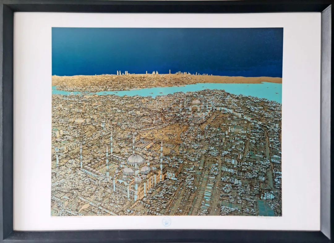 yakınlaştır "İstanbul Mavi Kuşlar ve İstanbul (D)" eseri DEVRİM ERBİL tarafından 70x100 cm ölçülerinde Serigrafi tekniği ile yapılmıştır.