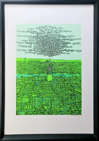 "İstanbul Galata ve kuşlar (A)" eseri DEVRİM ERBİL tarafından 100x70 cm ölçülerinde Serigrafi tekniği ile yapılmıştır.