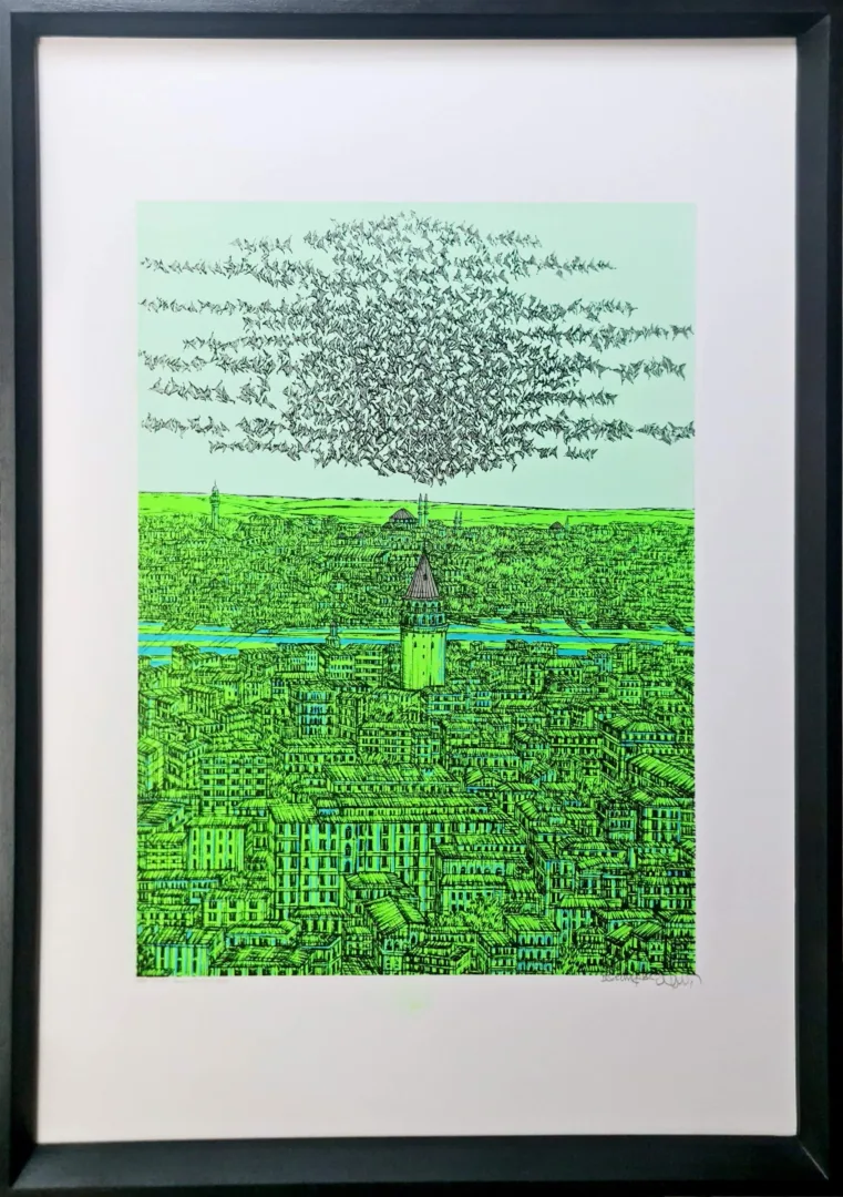 yakınlaştır "İstanbul Galata ve kuşlar (A)" eseri DEVRİM ERBİL tarafından 100x70 cm ölçülerinde Serigrafi tekniği ile yapılmıştır.