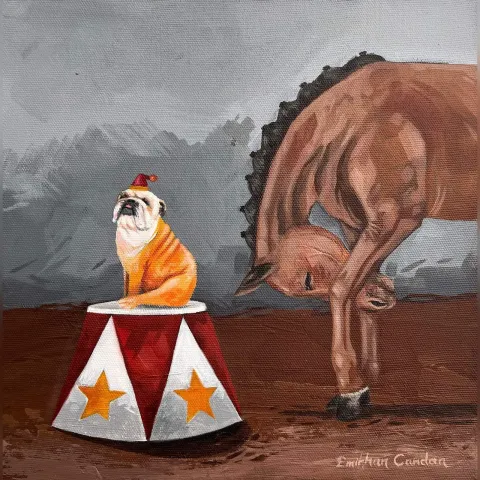 "Sirk serisi" eseri EMİRHAN CANDAN tarafından 2024 yılında 25x25 cm ölçülerinde Tuval üzeri akrilik boya tekniği ile yapılmıştır.