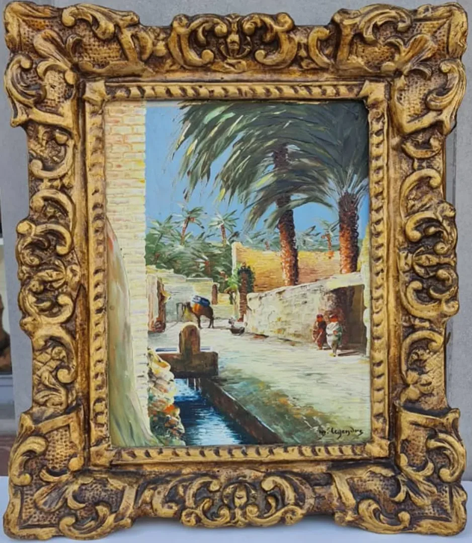 yakınlaştır "Biscra" eseri MAURICE LOUIS LEGENDRE tarafından 33x24 cm ölçülerinde Duralit üzeri yağlı boya tekniği ile yapılmıştır.