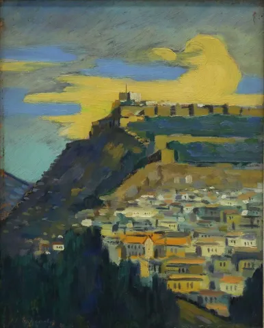 NURETTİN ERGÜVEN — “Ankara Kalesi” "Ankara Kalesi" eseri NURETTİN ERGÜVEN tarafından 41x33 cm ölçülerinde Duralit üzeri yağlı boya tekniği ile yapılmıştır.