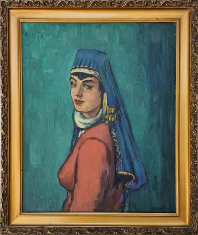 NURETTİN ERGÜVEN — “Antalya'lı Yörük Aliye” "Antalya'lı Yörük Aliye" eseri NURETTİN ERGÜVEN tarafından 76x61 cm ölçülerinde Duralit üzeri yağlı boya tekniği ile yapılmıştır.