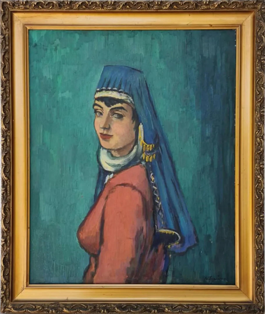 yakınlaştır "Antalya'lı Yörük Aliye" eseri NURETTİN ERGÜVEN tarafından 76x61 cm ölçülerinde Duralit üzeri yağlı boya tekniği ile yapılmıştır.