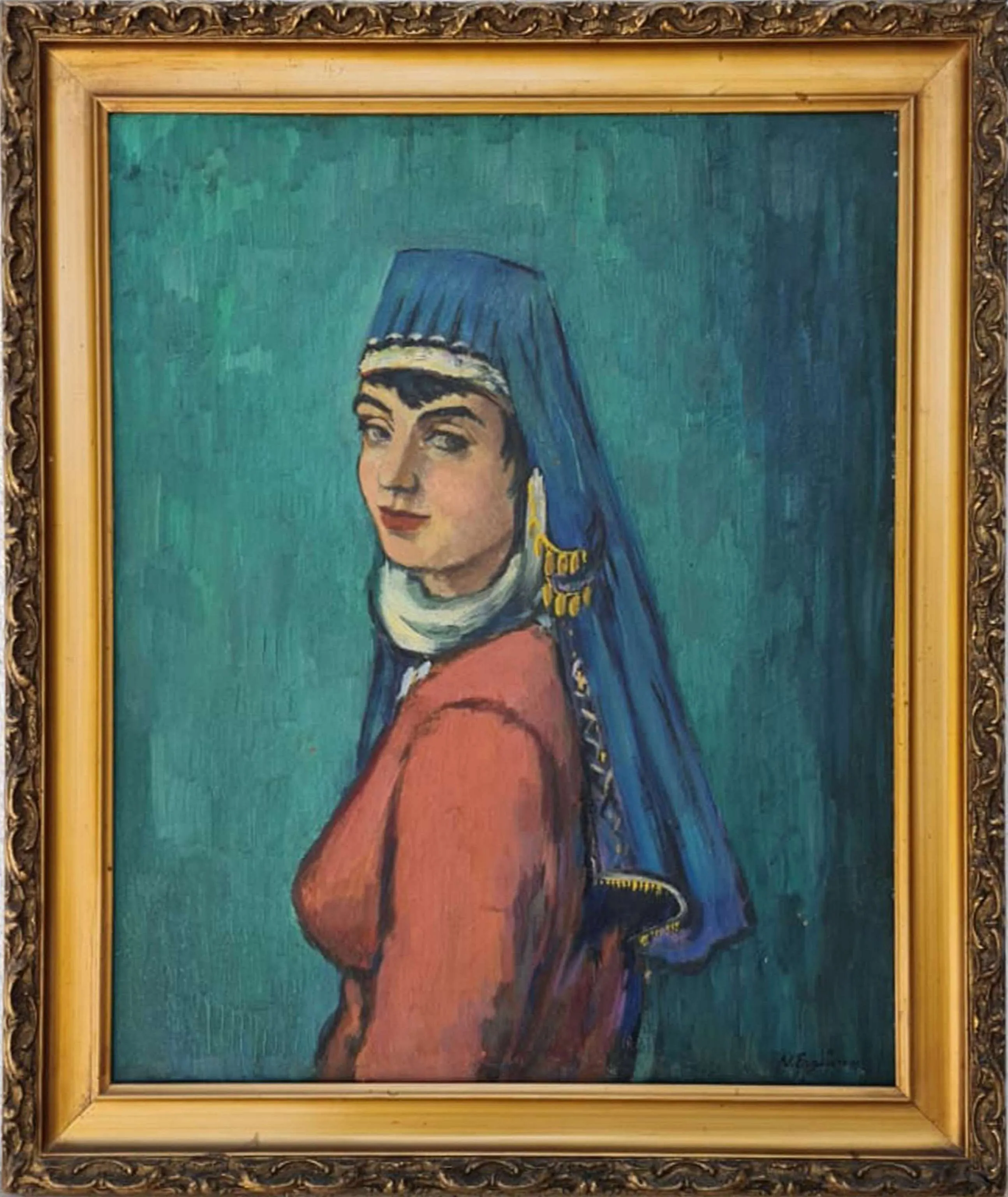 "Antalya'lı Yörük Aliye" eseri NURETTİN ERGÜVEN tarafından 76x61 cm ölçülerinde Duralit üzeri yağlı boya tekniği ile yapılmıştır.