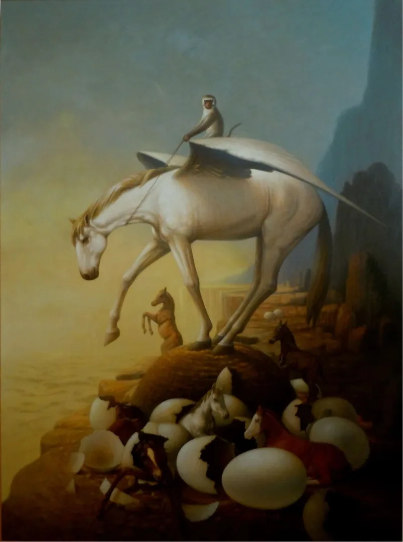yakınlaştır "Pegasusun yaşamı" eseri ÖMER EKEN tarafından 2016 yılında 150x112 cm ölçülerinde Tuval üzeri yağlı boya tekniği ile yapılmıştır.