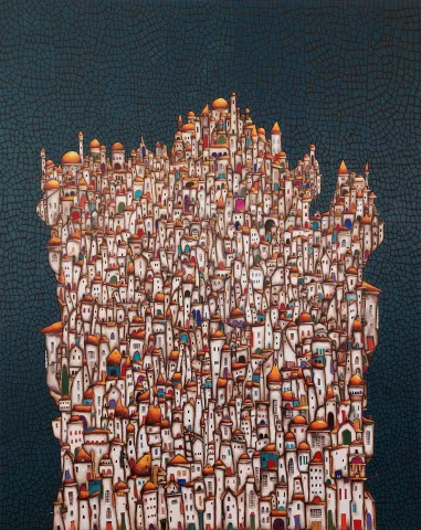 "Dilek ağacı-3" eseri BİNNUR YÜCEBAŞ RUOCCO tarafından 2025 yılında 150x120 cm ölçülerinde Tuval üzeri yağlı boya tekniği ile yapılmıştır.