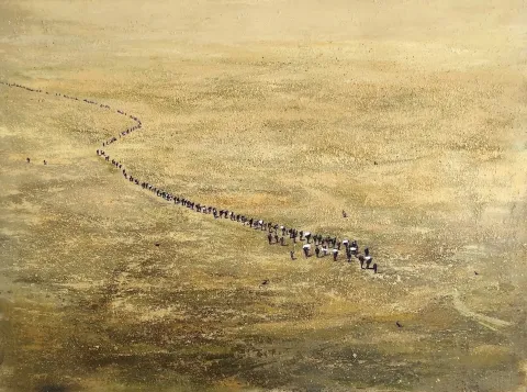 "Yığın göç" eseri SALİH ÇAKAR tarafından 2025 yılında 90x120 cm ölçülerinde Tuval üzeri karışık teknik tekniği ile yapılmıştır.