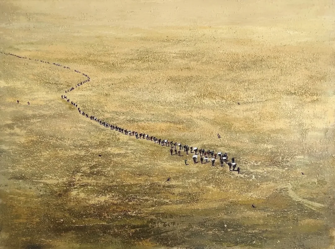 yakınlaştır "Yığın göç" eseri SALİH ÇAKAR tarafından 2025 yılında 90x120 cm ölçülerinde Tuval üzeri karışık teknik tekniği ile yapılmıştır.