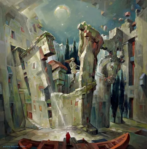 "Kahra-II" eseri ADEM BAŞPINAR tarafından 2025 yılında 60x60 cm ölçülerinde Tuval üzeri akrilik boya tekniği ile yapılmıştır.