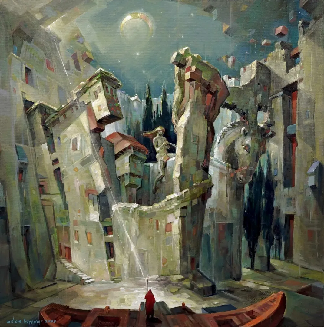 yakınlaştır "Kahra-II" eseri ADEM BAŞPINAR tarafından 2025 yılında 60x60 cm ölçülerinde Tuval üzeri akrilik boya tekniği ile yapılmıştır.