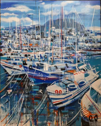 "Bodrum Bodrum" eseri AYHAN ÇETİN tarafından 2025 yılında 150x120 cm ölçülerinde Tuval üzeri akrilik boya tekniği ile yapılmıştır.