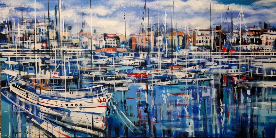yakınlaştır "Bodrum Marina" eseri AYHAN ÇETİN tarafından 2025 yılında 65x130 cm ölçülerinde Tuval üzeri akrilik boya tekniği ile yapılmıştır.