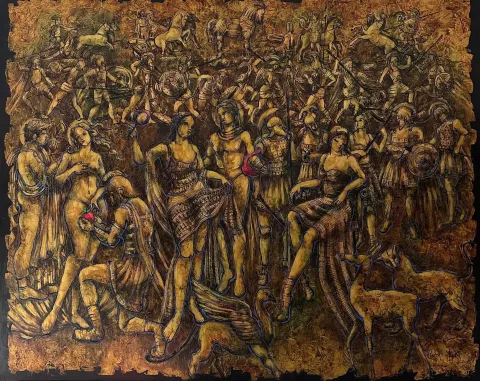 DERYA YILDIZ — “Truvalı Helen, Troya”, 2025 "Truvalı Helen, Troya" eseri DERYA YILDIZ tarafından 2025 yılında 120x150 cm ölçülerinde Tuval üzeri yağlı boya tekniği ile yapılmıştır.