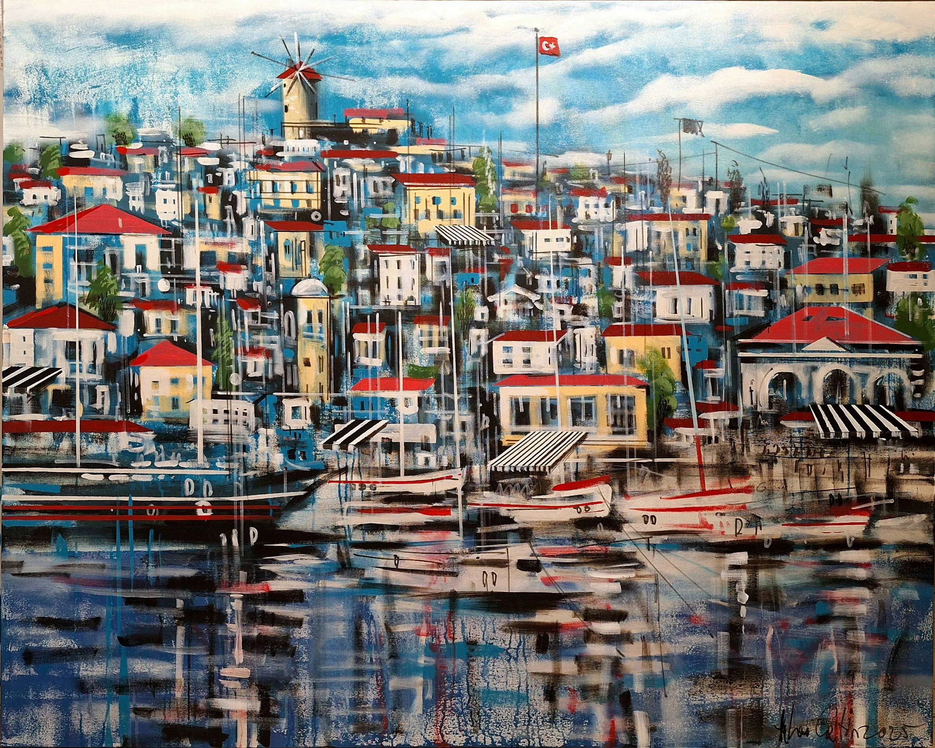 "Cunda Adası" eseri AYHAN ÇETİN tarafından 2025 yılında 120x150 cm ölçülerinde Tuval üzeri akrilik boya tekniği ile yapılmıştır.
