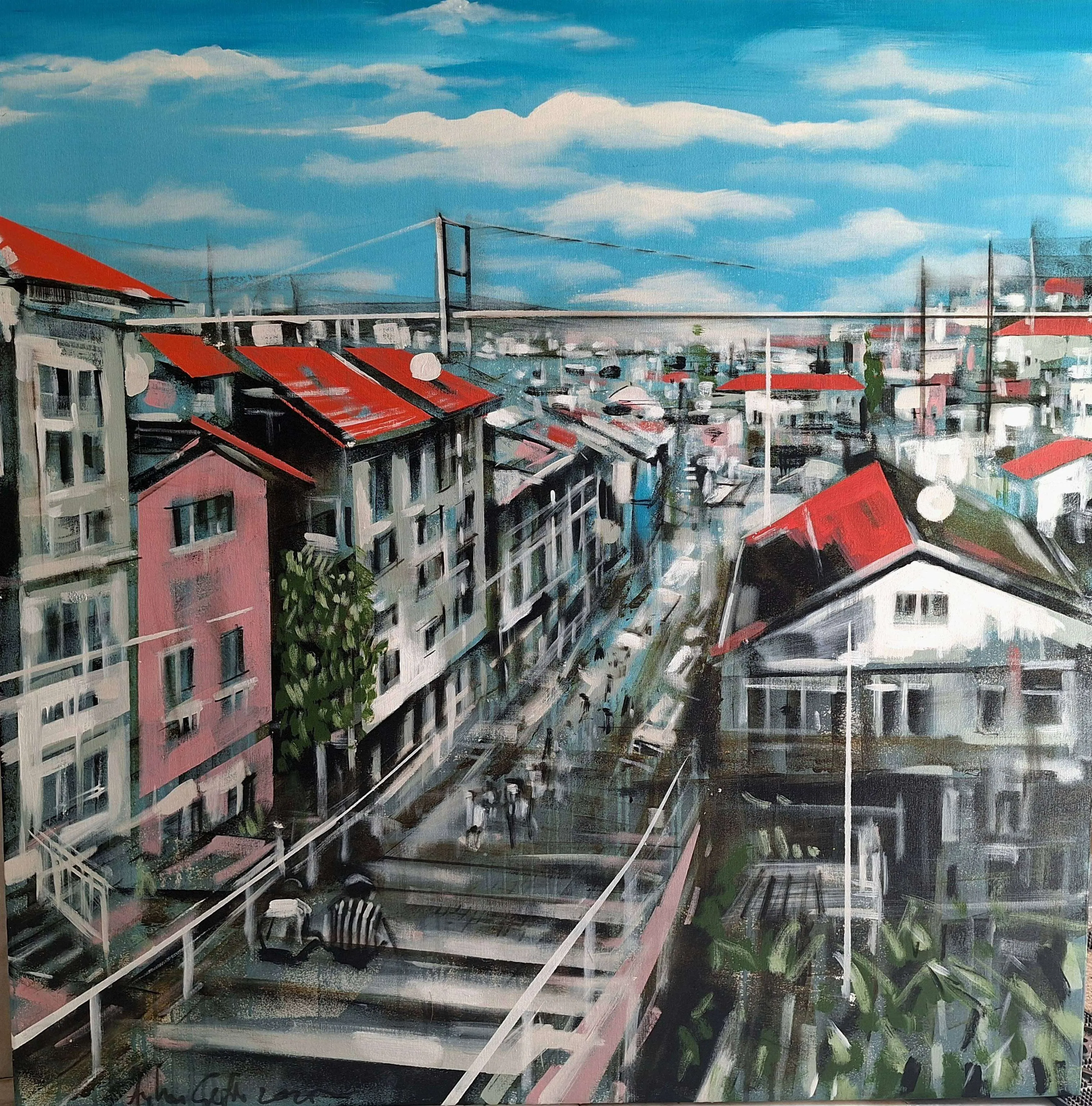 "Kuzguncuk" eseri AYHAN ÇETİN tarafından 2025 yılında 100x100 cm ölçülerinde Tuval üzeri akrilik boya tekniği ile yapılmıştır.