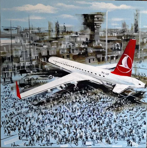 "Havalimanı" eseri AYHAN ÇETİN tarafından 2025 yılında 60x60 cm ölçülerinde Tuval üzeri akrilik boya tekniği ile yapılmıştır.