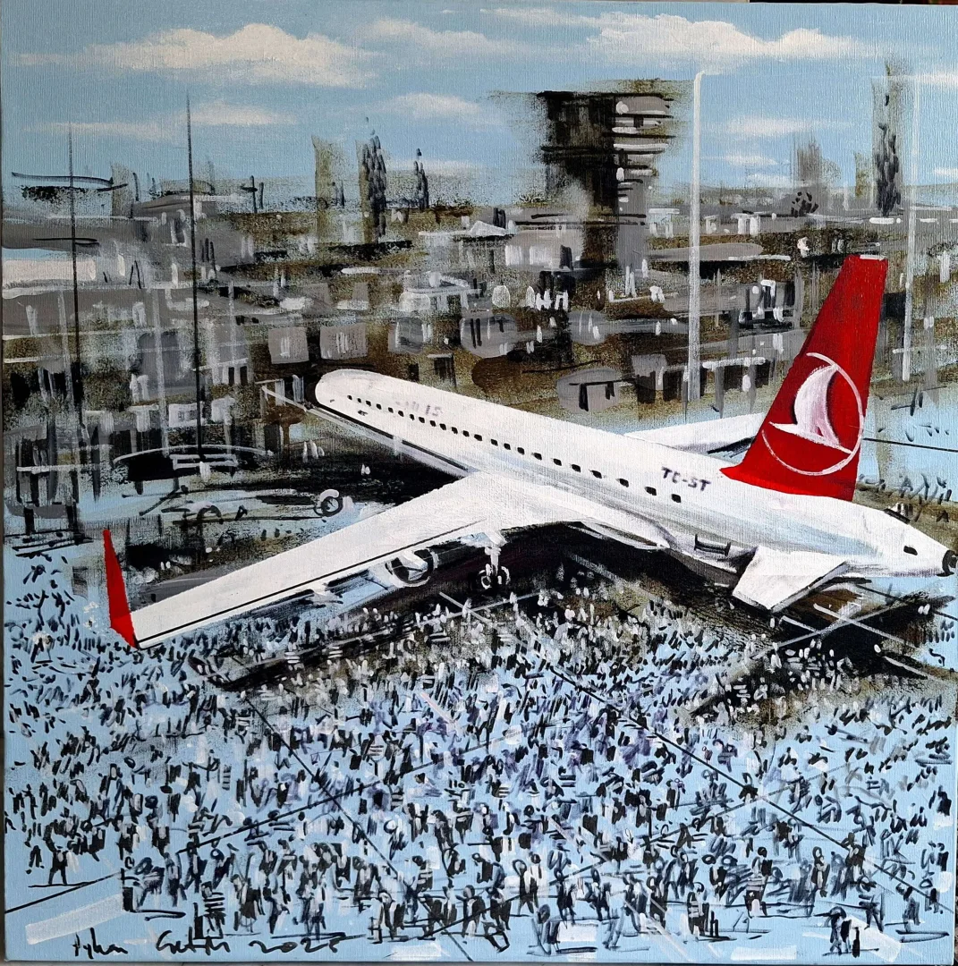"Havalimanı" eseri AYHAN ÇETİN tarafından 2025 yılında 60x60 cm ölçülerinde Tuval üzeri akrilik boya tekniği ile yapılmıştır.