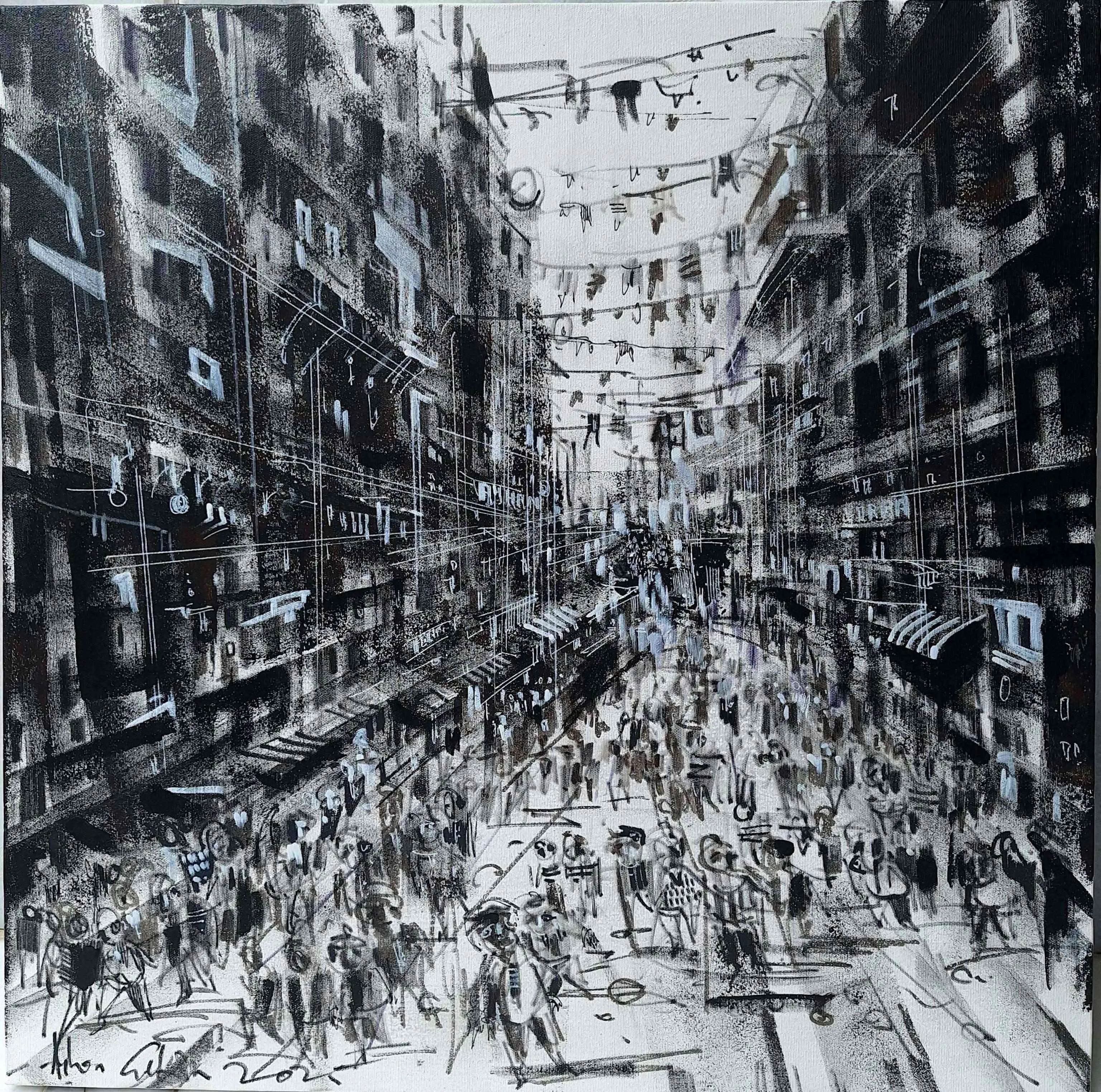 "Beyoğlu" eseri AYHAN ÇETİN tarafından 2025 yılında 60x60 cm ölçülerinde Tuval üzeri akrilik boya tekniği ile yapılmıştır.
