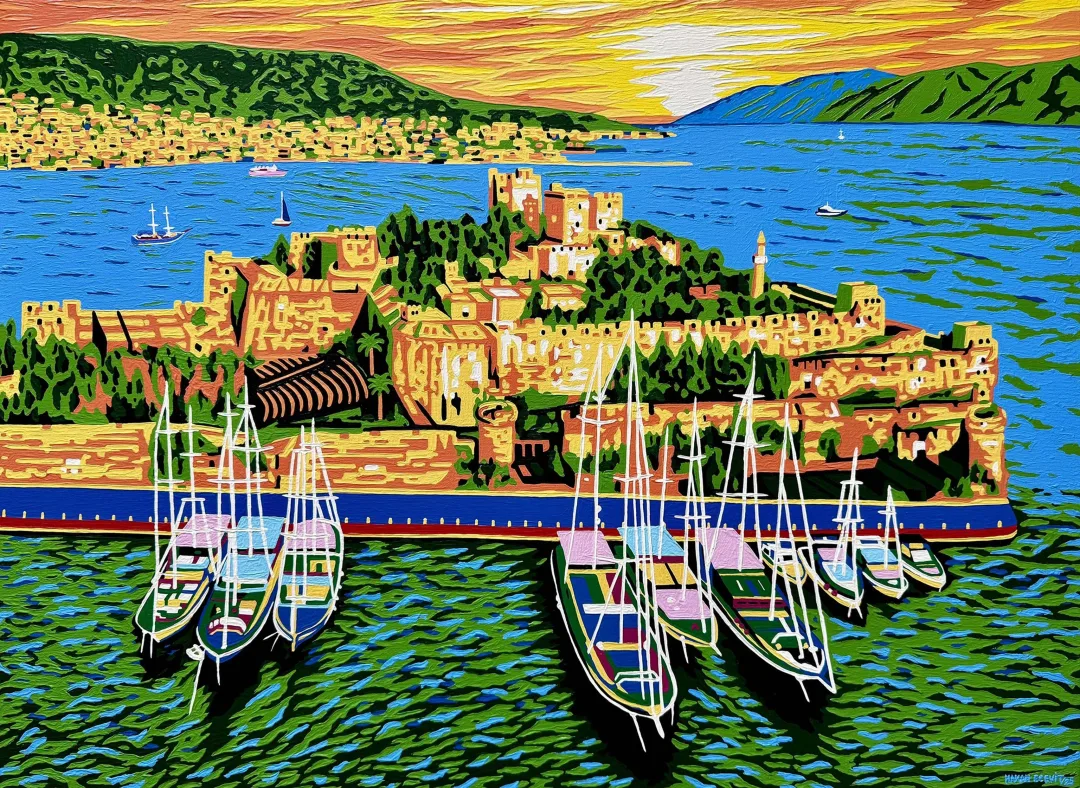 yakınlaştır "K1 Bodrum Kalesi" eseri HAKAN ECEVİT tarafından 2025 yılında 60x80 cm ölçülerinde Tuval üzeri akrilik boya tekniği ile yapılmıştır.