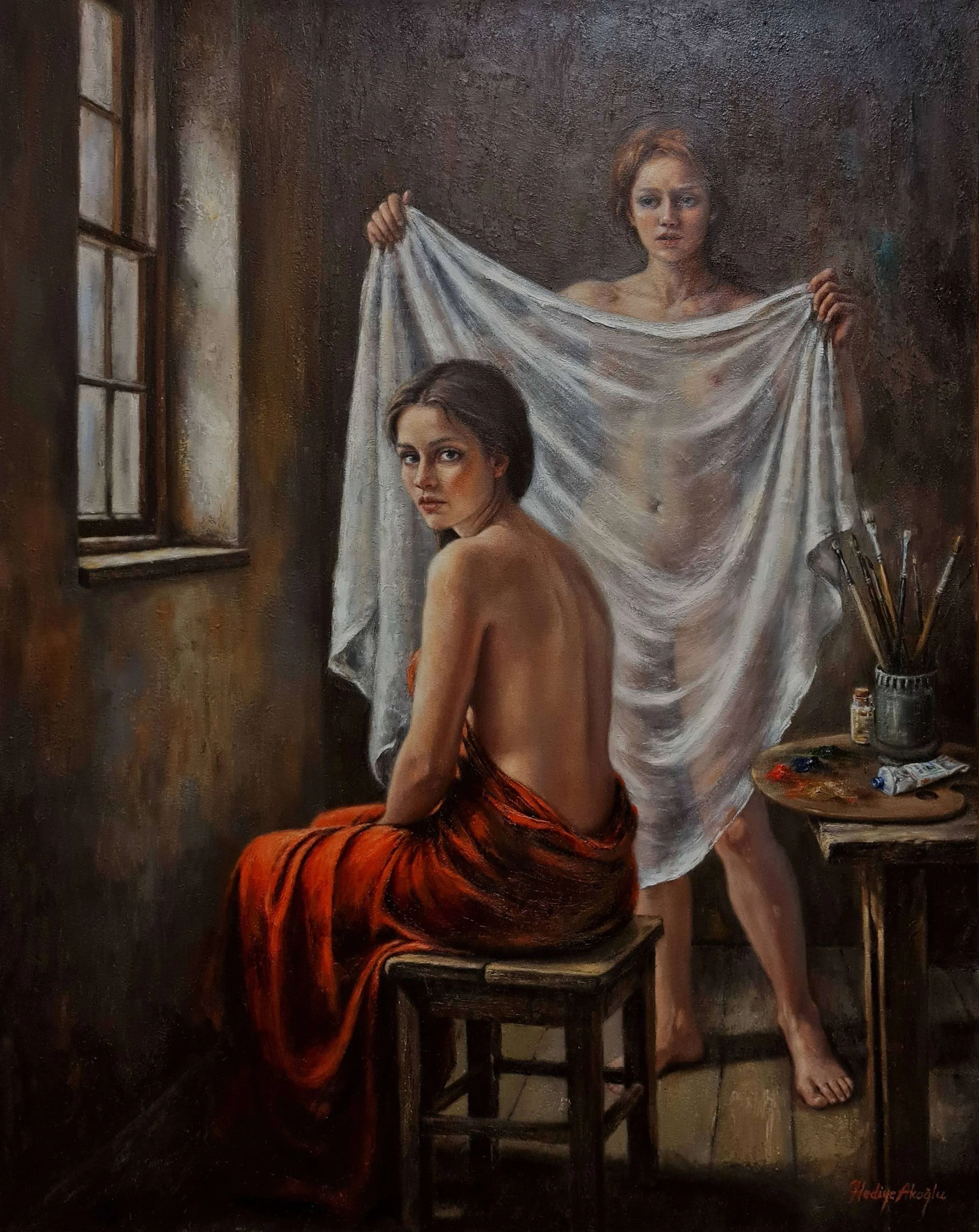 "Models" eseri HEDİYE AKOĞLU tarafından 2025 yılında 100x80 cm ölçülerinde Tuval üzeri yağlı boya tekniği ile yapılmıştır.