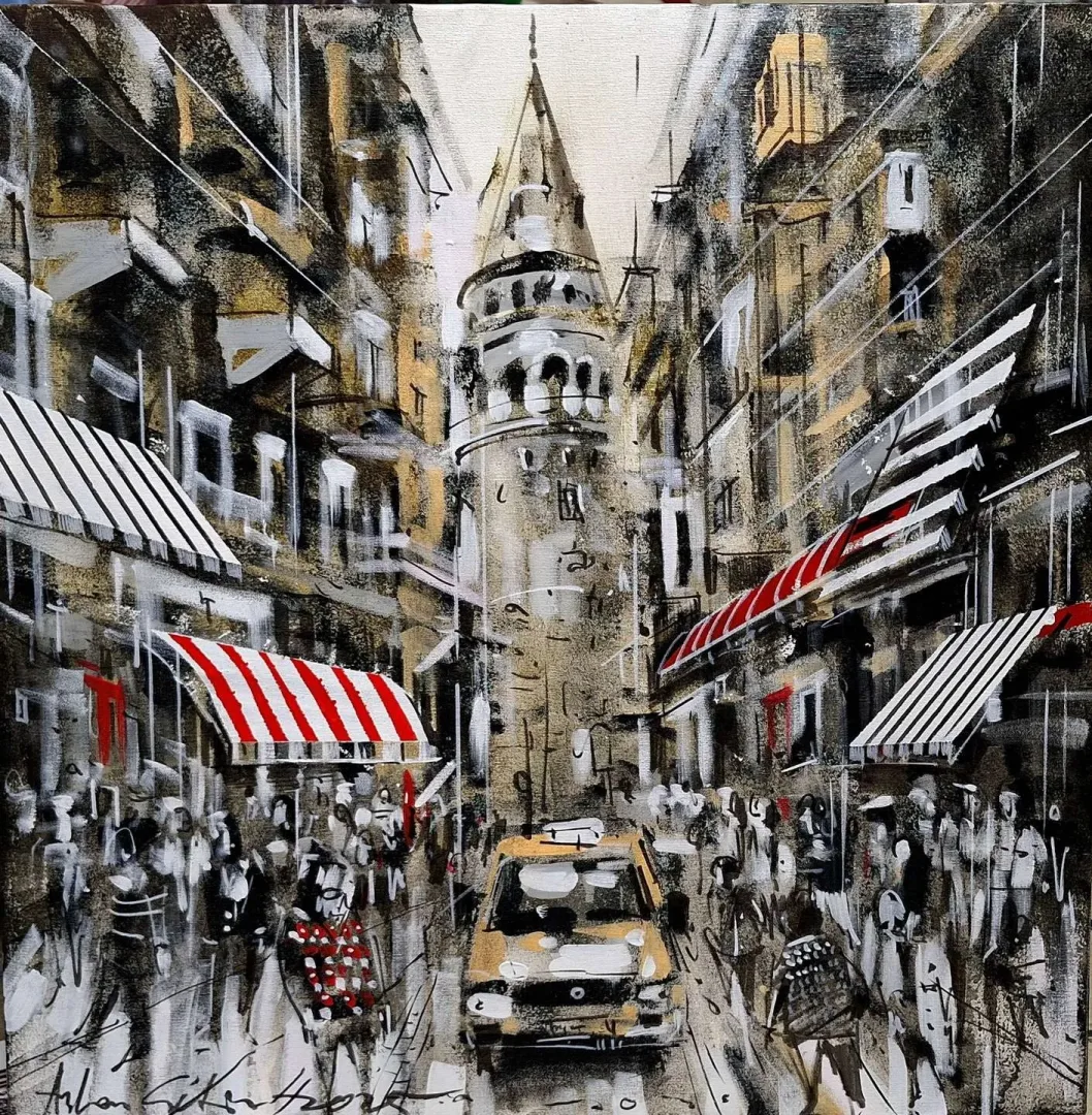 AYHAN ÇETİN — “Taksi”, 2025 "Taksi" eseri AYHAN ÇETİN tarafından 2025 yılında 60x60 cm ölçülerinde Tuval üzeri akrilik boya tekniği ile yapılmıştır.