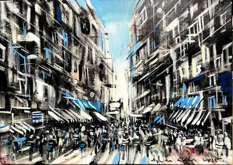 "Pazar" eseri AYHAN ÇETİN tarafından 2025 yılında 35x50 cm ölçülerinde Tuval üzeri akrilik boya tekniği ile yapılmıştır.