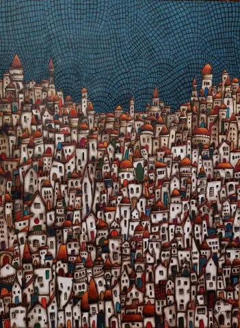 "Dilek evi" eseri BİNNUR YÜCEBAŞ RUOCCO tarafından 2024 yılında 80x60 cm ölçülerinde Tuval üzeri yağlı boya tekniği ile yapılmıştır.