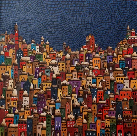 "Bir gece yarısı" eseri BİNNUR YÜCEBAŞ RUOCCO tarafından 2024 yılında 60x60 cm ölçülerinde Tuval üzeri yağlı boya tekniği ile yapılmıştır.