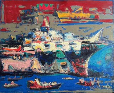 "Galatada gemiler" eseri EBULFEZ FERECOĞLU tarafından 2024 yılında 100x120 cm ölçülerinde Tuval üzeri yağlı boya tekniği ile yapılmıştır.