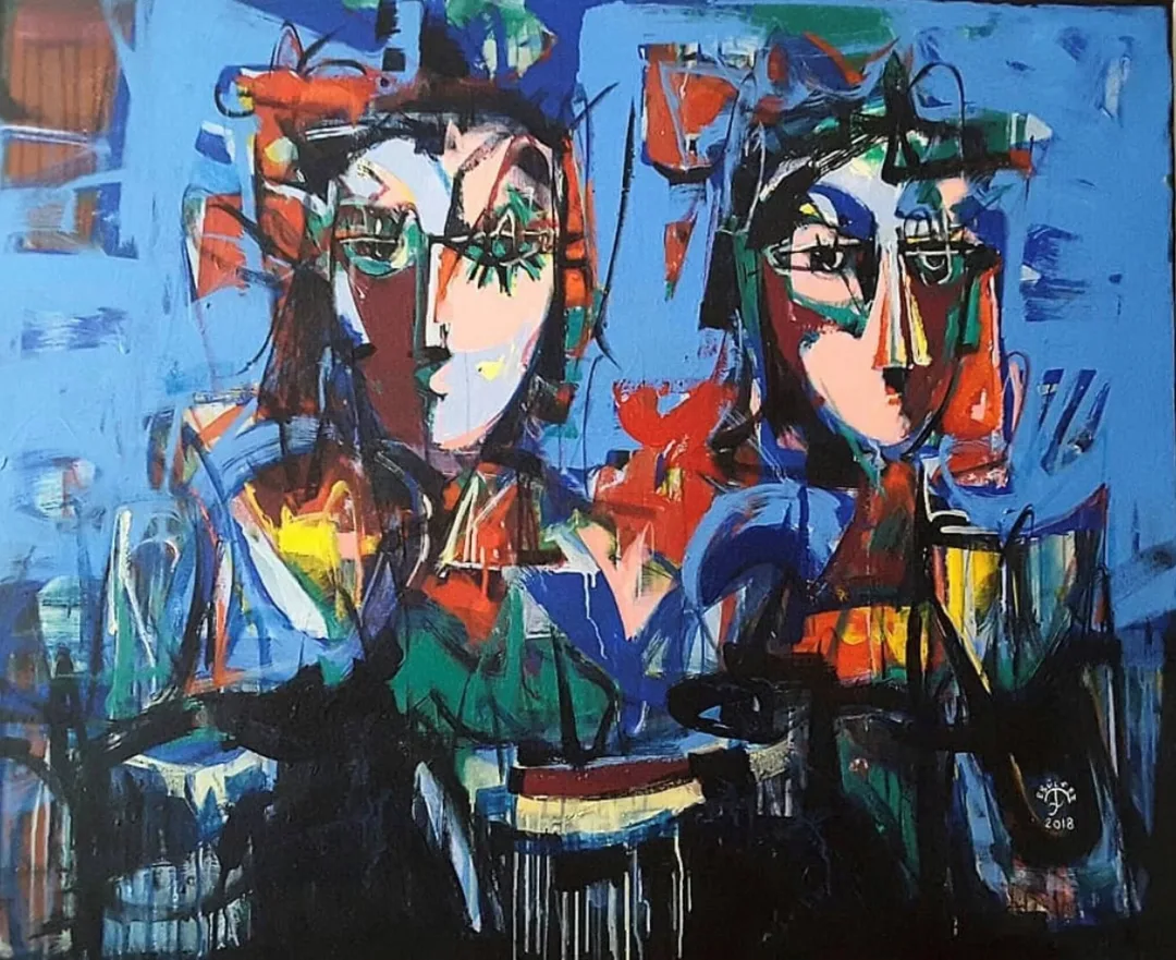 "Yan yana" eseri EBULFEZ FERECOĞLU tarafından 2018 yılında 95x115 cm ölçülerinde Tuval üzeri akrilik boya tekniği ile yapılmıştır.