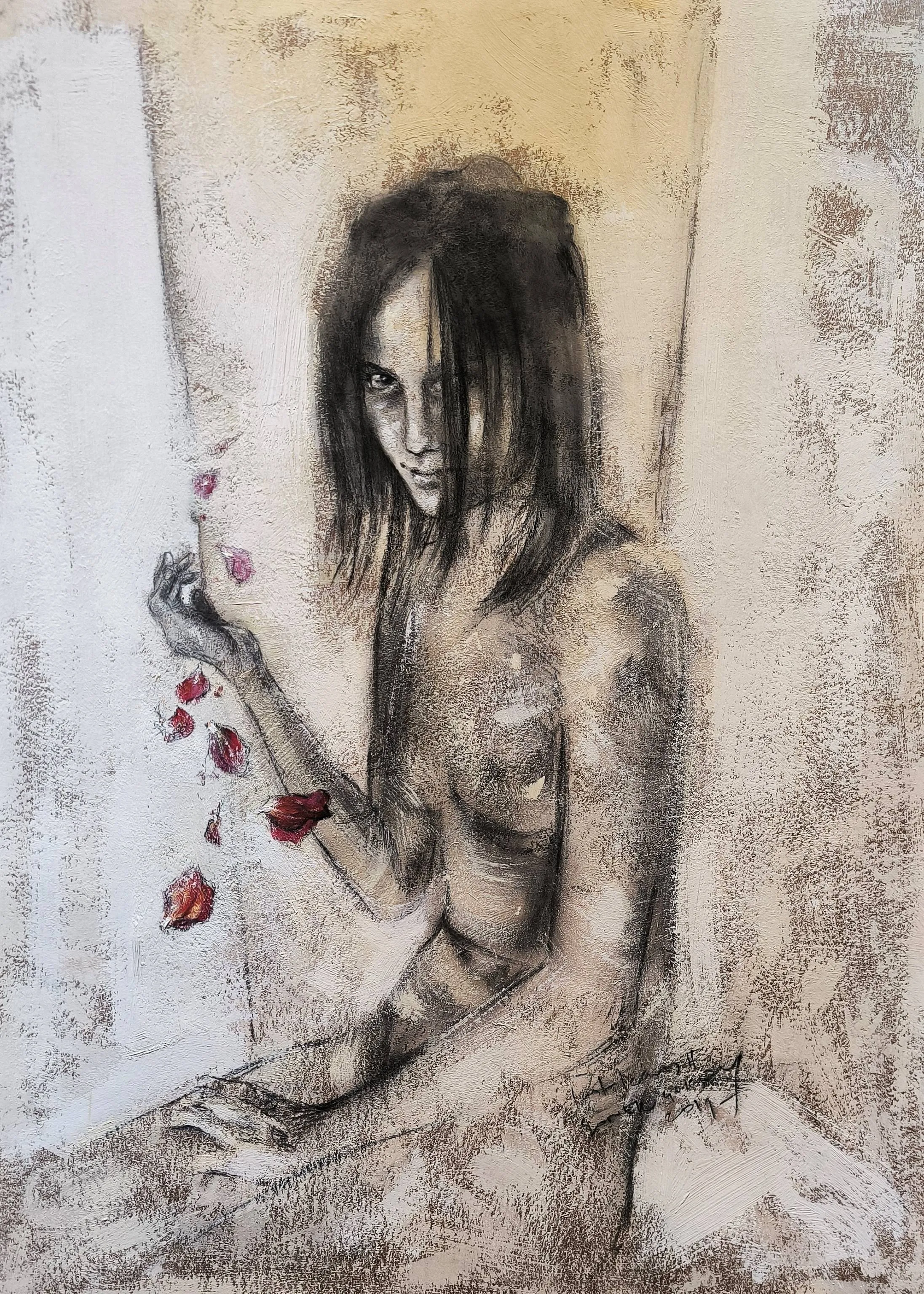 "She" eseri SONER GÖKSAY tarafından 2019 yılında 100x70 cm ölçülerinde Tuval üzeri yağlı boya tekniği ile yapılmıştır.