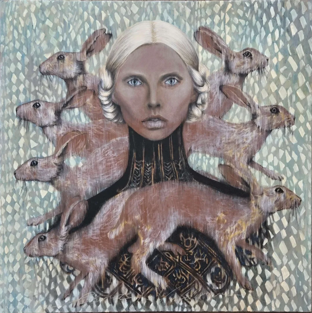 "All hail the unholy rabbits" eseri ESRA YILDIRIM tarafından 2024 yılında 100x100 cm ölçülerinde Tuval üzeri yağlı boya tekniği ile yapılmıştır.