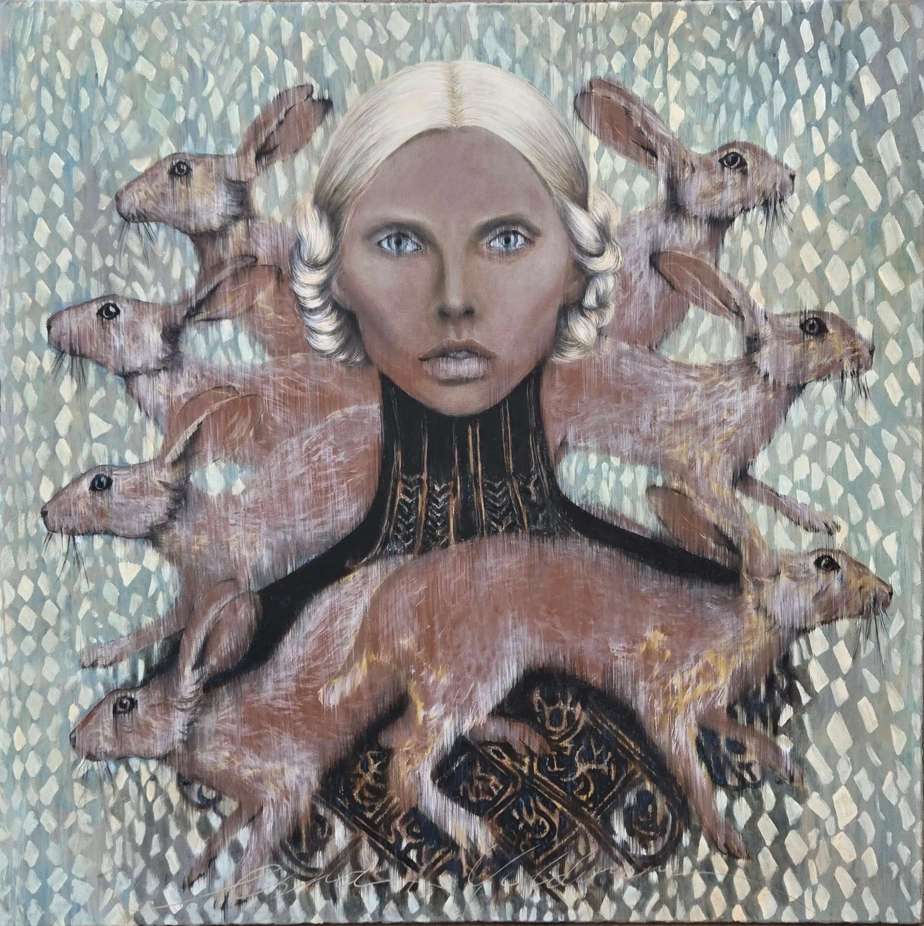"All hail the unholy rabbits" eseri ESRA YILDIRIM tarafından 2024 yılında 100x100 cm ölçülerinde Tuval üzeri yağlı boya tekniği ile yapılmıştır.