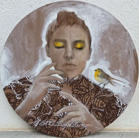 ESRA YILDIRIM — “While my insides were burning”, 2024 "While my insides were burning" eseri ESRA YILDIRIM tarafından 2024 yılında 55x55 cm ölçülerinde Tuval üzeri yağlı boya tekniği ile yapılmıştır.