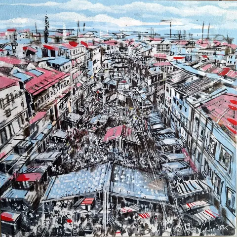 AYHAN ÇETİN — “Edirne Saraçlar Caddesi”, 2025 "Edirne Saraçlar Caddesi" eseri AYHAN ÇETİN tarafından 2025 yılında 40x40 cm ölçülerinde Tuval üzeri akrilik boya tekniği ile yapılmıştır.