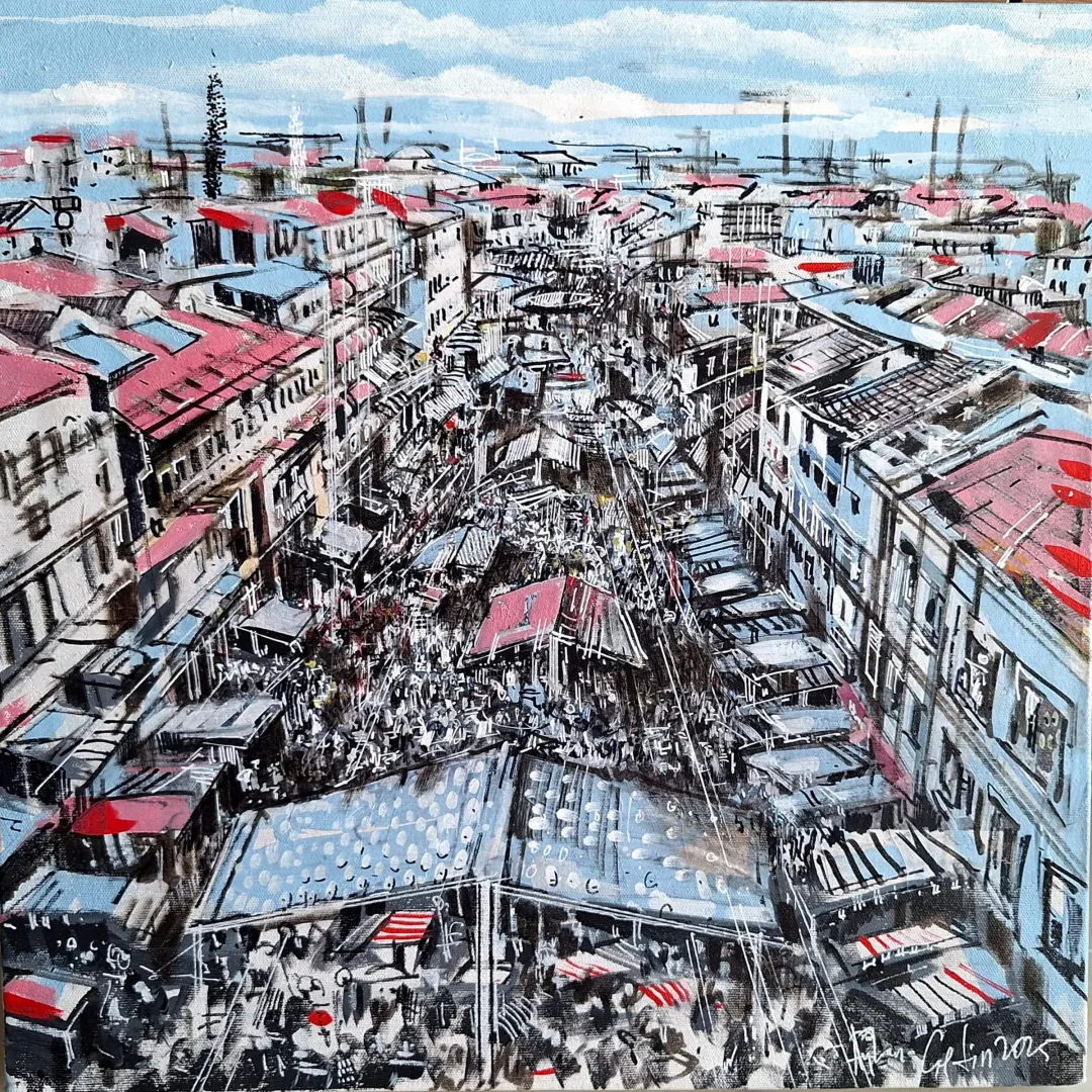 "Edirne Saraçlar Caddesi" eseri AYHAN ÇETİN tarafından 2025 yılında 40x40 cm ölçülerinde Tuval üzeri akrilik boya tekniği ile yapılmıştır.
