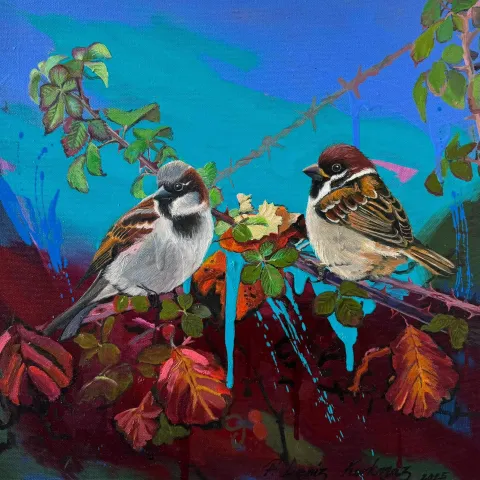 F. DENİZ KORKMAZ — “Güz Serçeleri”, 2025 "Güz Serçeleri" eseri F. DENİZ KORKMAZ tarafından 2025 yılında 40x40 cm ölçülerinde Tuval üzeri yağlı boya tekniği ile yapılmıştır.