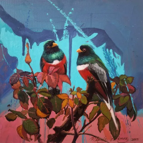 F. DENİZ KORKMAZ — “Maskeli Trogonlar”, 2025 "Maskeli Trogonlar" eseri F. DENİZ KORKMAZ tarafından 2025 yılında 40x40 cm ölçülerinde Tuval üzeri yağlı boya tekniği ile yapılmıştır.