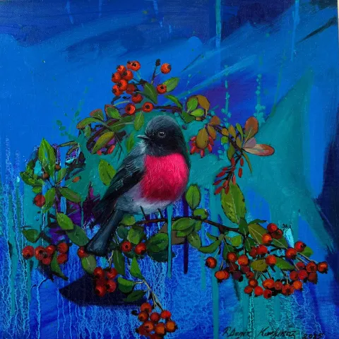 "Pembe Robin" eseri F. DENİZ KORKMAZ tarafından 2025 yılında 40x40 cm ölçülerinde Tuval üzeri yağlı boya tekniği ile yapılmıştır.