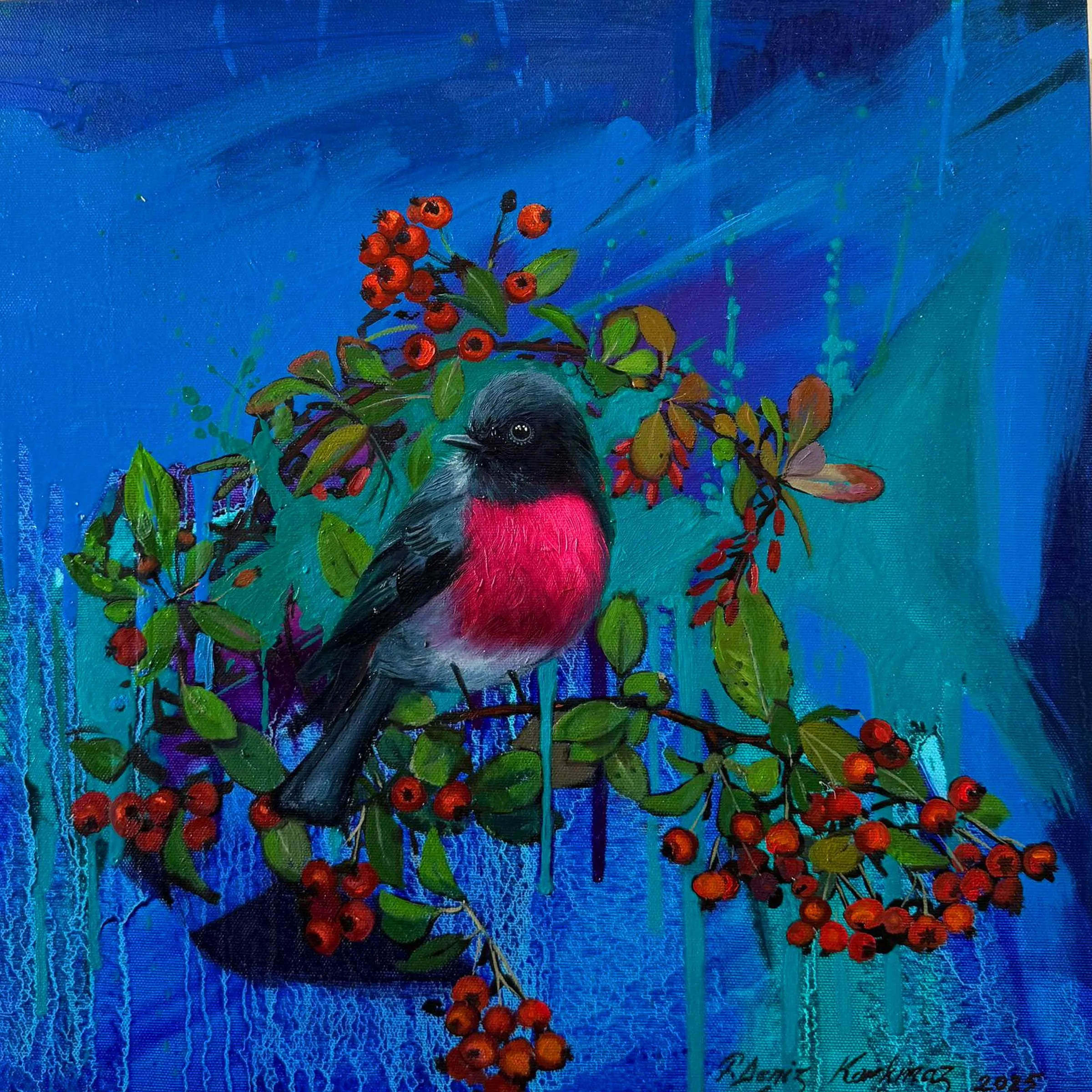 "Pembe Robin" eseri F. DENİZ KORKMAZ tarafından 2025 yılında 40x40 cm ölçülerinde Tuval üzeri yağlı boya tekniği ile yapılmıştır.