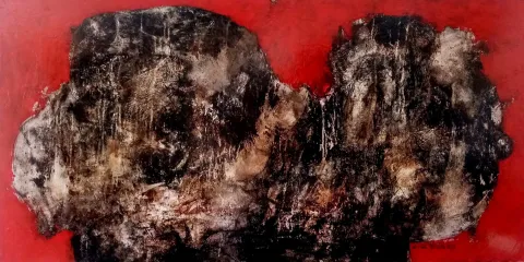 EMİNE BIYIKLI — “Muamma”, 2025 "Muamma" eseri EMİNE BIYIKLI tarafından 2025 yılında 65x130 cm ölçülerinde Tuval üzeri karışık teknik tekniği ile yapılmıştır.