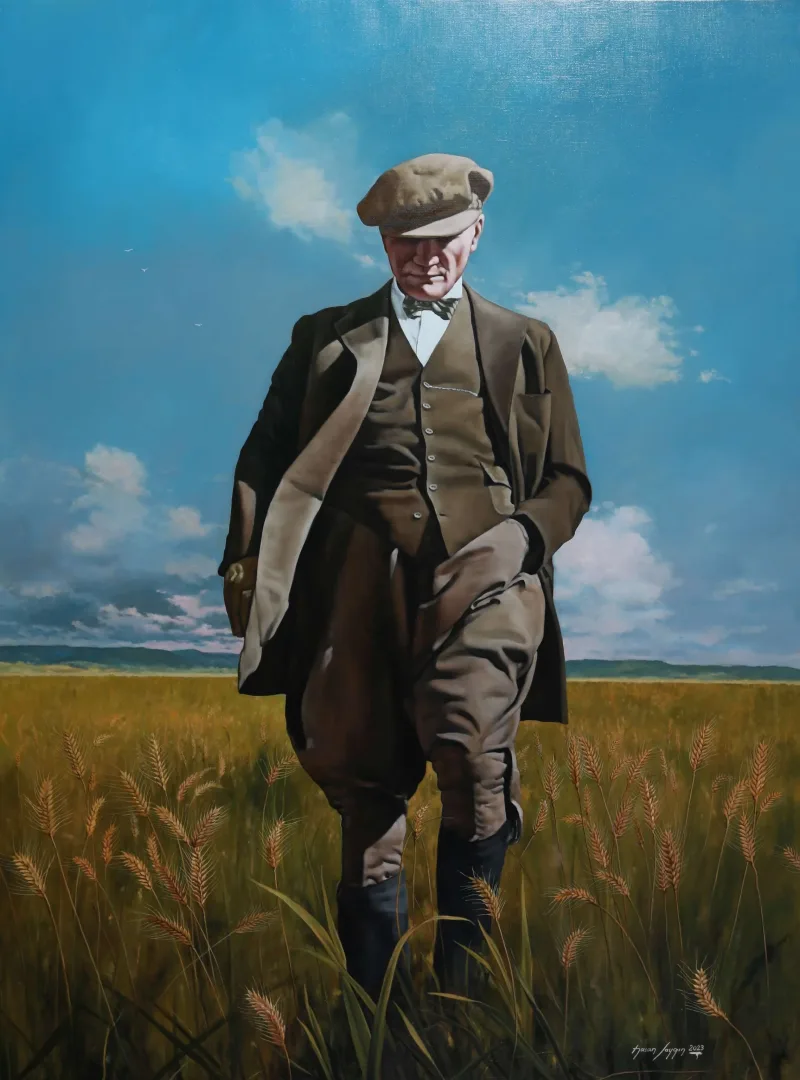 yakınlaştır "Atatürk buğday tarlasında" eseri HASAN SAYGIN tarafından 2023 yılında 130x97 cm ölçülerinde Tuval üzeri yağlı boya tekniği ile yapılmıştır.