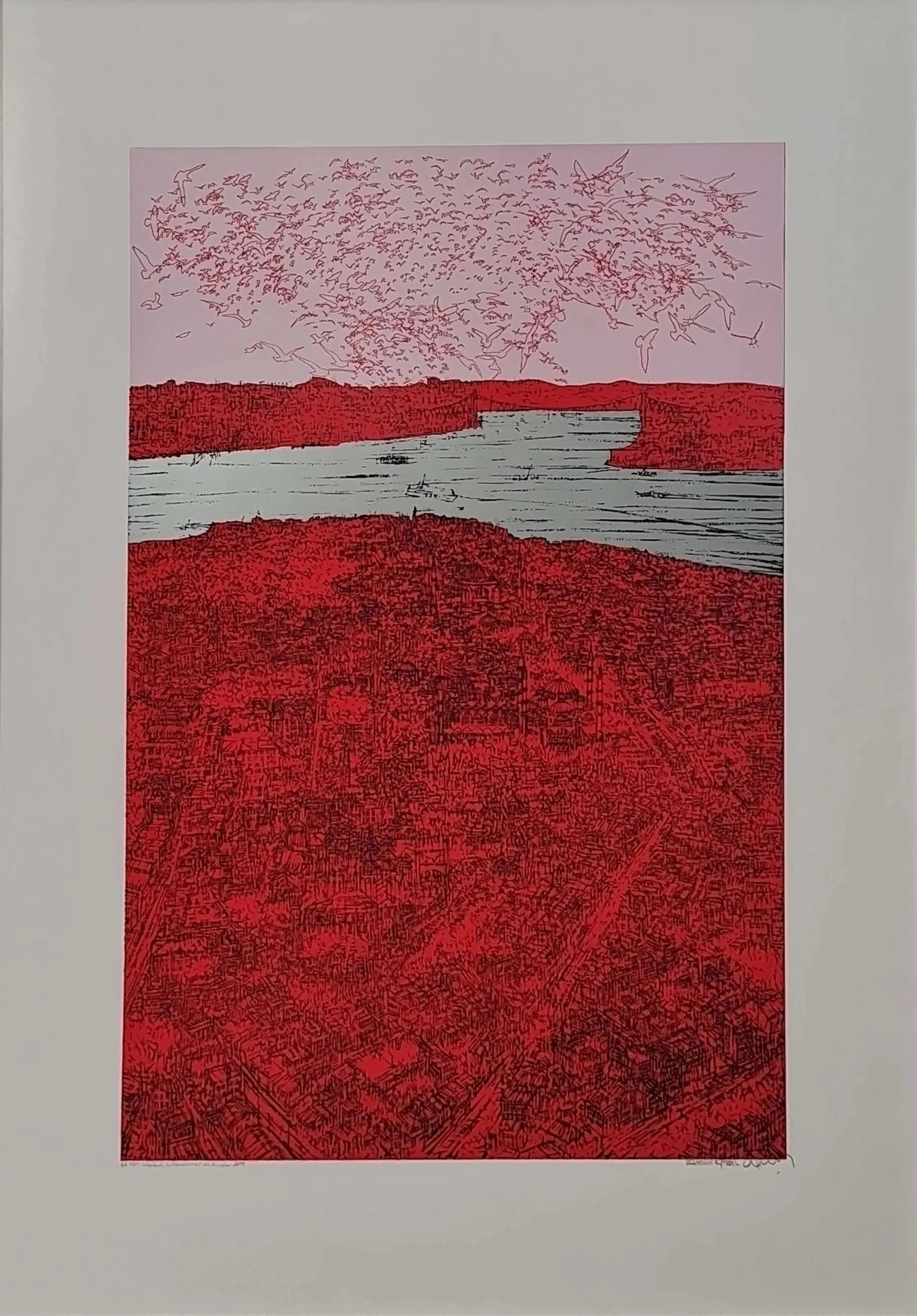 "İstanbul Sultanahmet ve Kuşlar" eseri DEVRİM ERBİL tarafından 2019 yılında 100x70 cm ölçülerinde Serigrafi tekniği ile yapılmıştır.