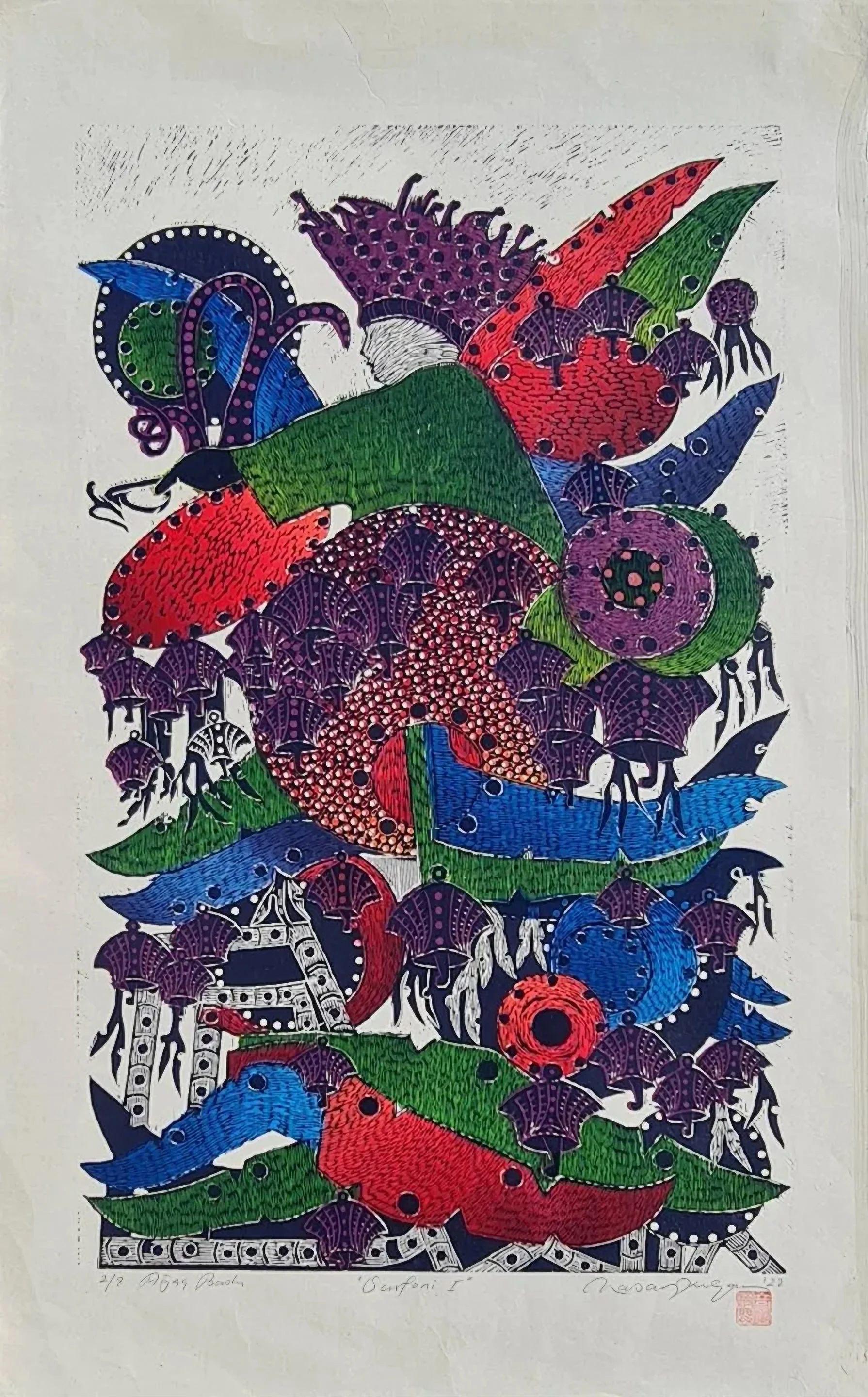 "Senfoni-I" eseri HASAN KIRAN tarafından 2022 yılında 82x50 cm ölçülerinde Ağaç Baskı - Edisyon 2/8 tekniği ile yapılmıştır.