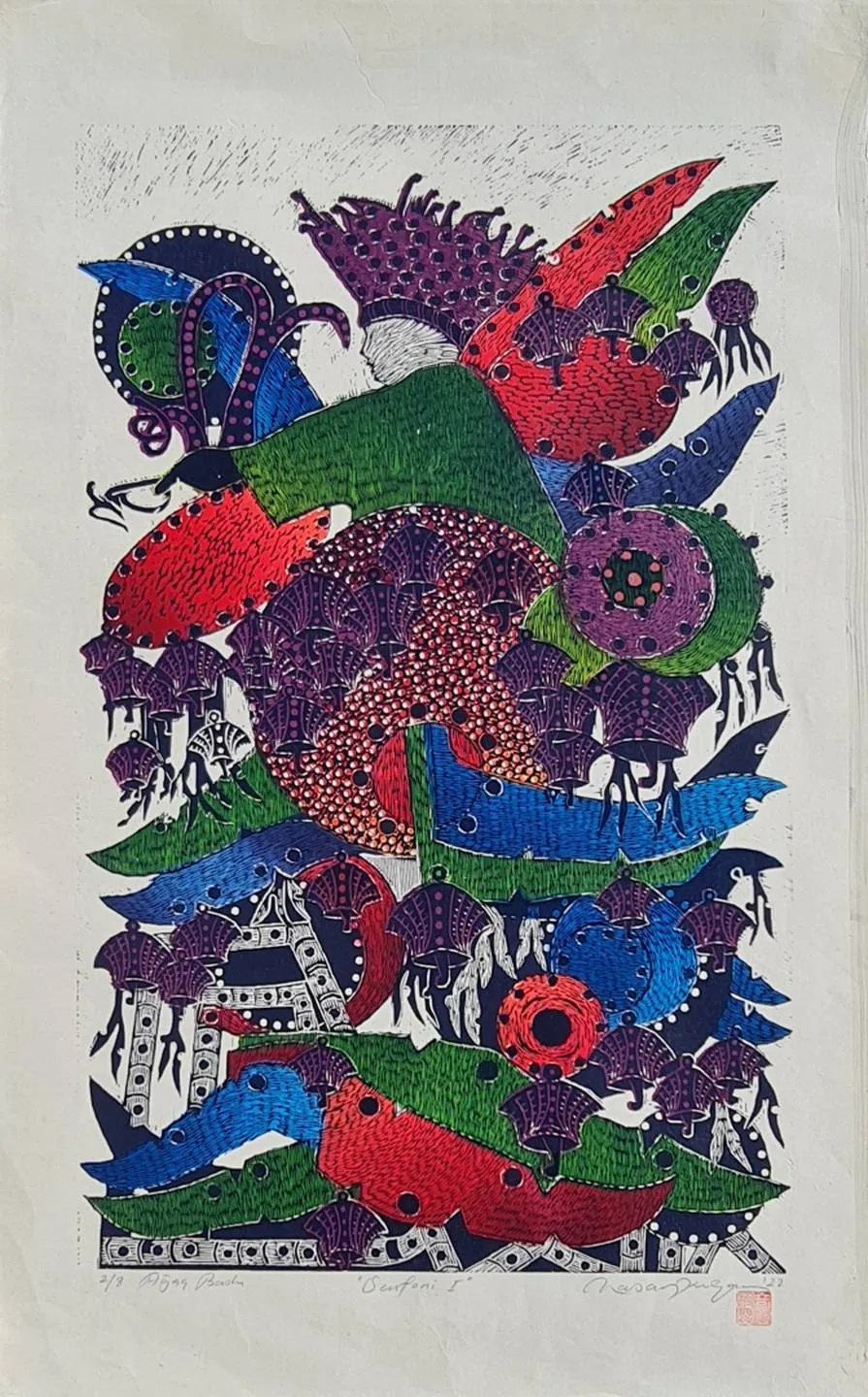 "Senfoni-I" eseri HASAN KIRAN tarafından 2022 yılında 82x50 cm ölçülerinde Ağaç Baskı - Edisyon 2/8 tekniği ile yapılmıştır.