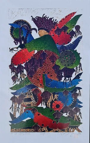 HASAN KIRAN — “Senfoni-I”, 2022 "Senfoni-I" eseri HASAN KIRAN tarafından 2022 yılında 82x50 cm ölçülerinde Ağaç Baskı - Edisyon A.P. 2/5 tekniği ile yapılmıştır.