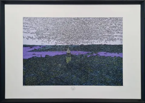 DEVRİM ERBİL — “Galata'da Kuş Esintisi”, 2023 "Galata'da Kuş Esintisi" eseri DEVRİM ERBİL tarafından 2023 yılında 70x100 cm ölçülerinde Serigrafi - EA/8 tekniği ile yapılmıştır.